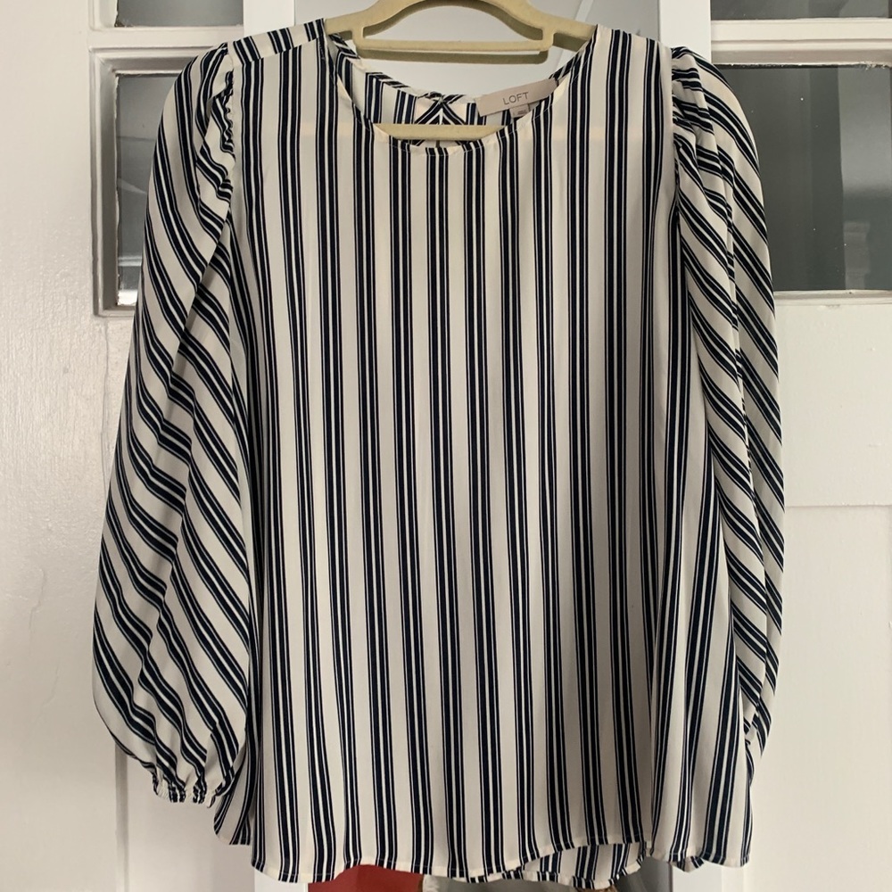 Navy striped Loft Blouse with Puffed Sleeves